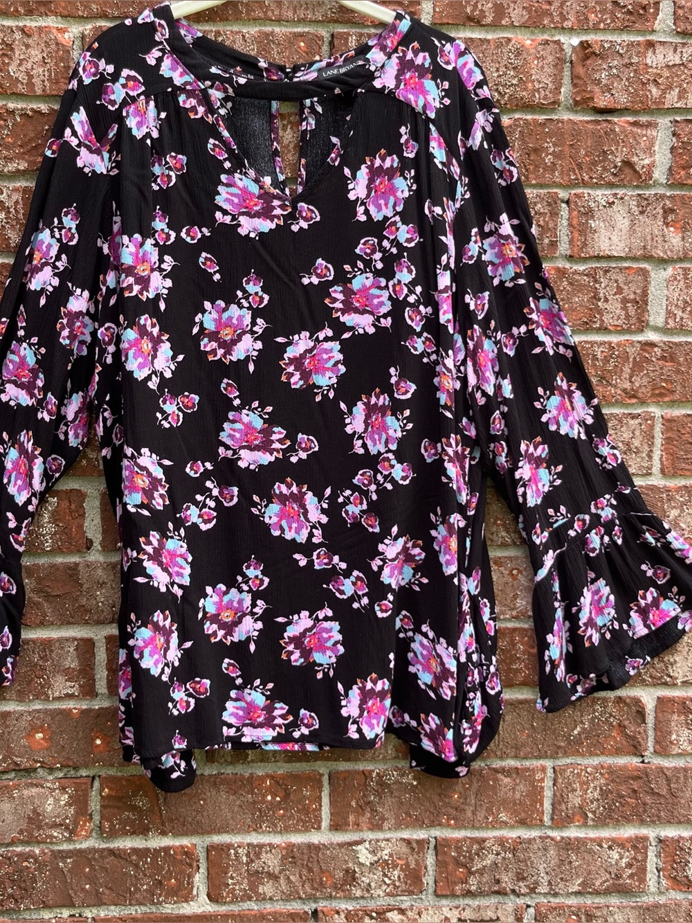 Lane Bryant Black and Purple Floral Bell
Sleeve Blouse Size 24
